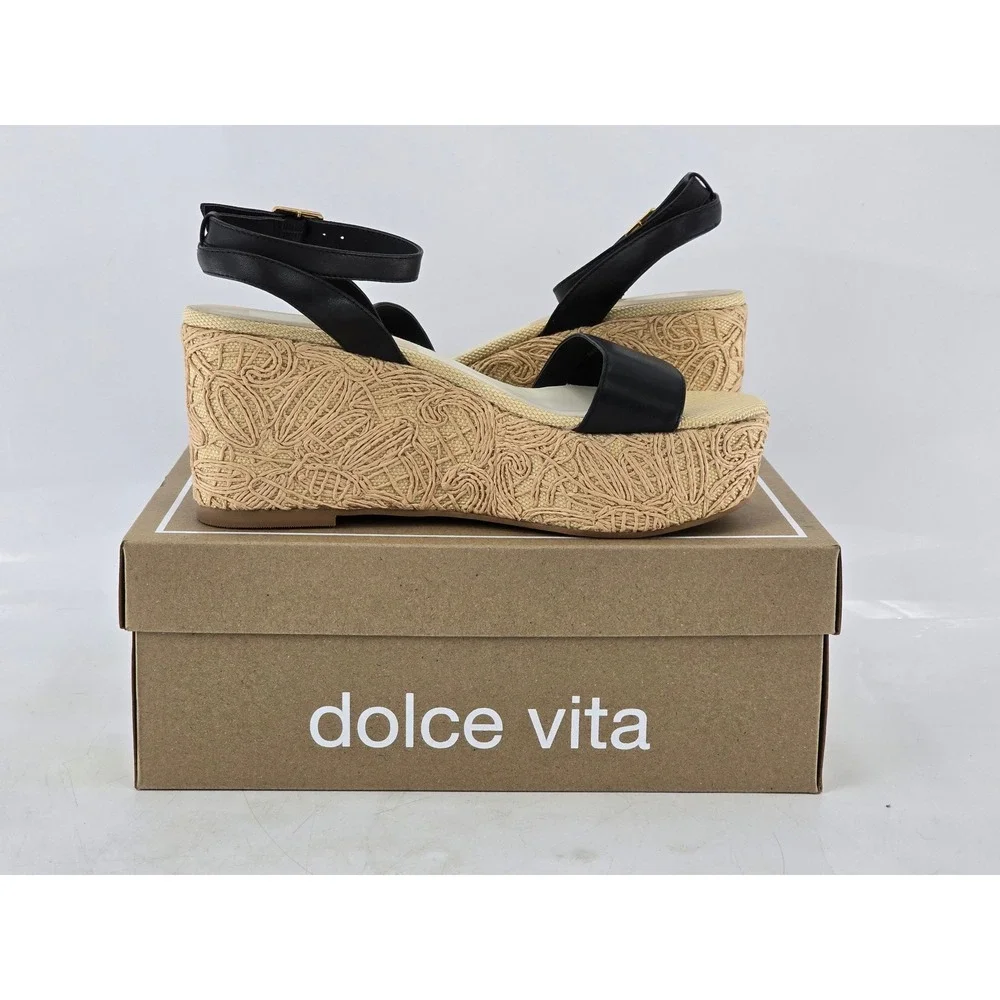 Dolce Vita Talisa Wedge Sandals Womens 9 Black Leather Espadrille - NEW